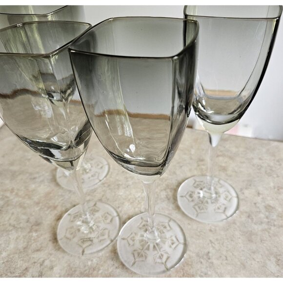 Smoke Grey Wine Water Glasses 9.5" frosted etched snowflake winter holiday 4pc - Picture 8 of 13